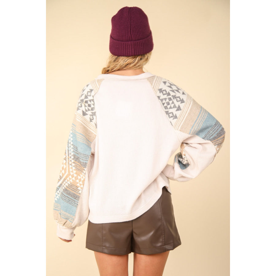 VERY J Printed Long Sleeve Round Neck Knit Top Apparel and Accessories