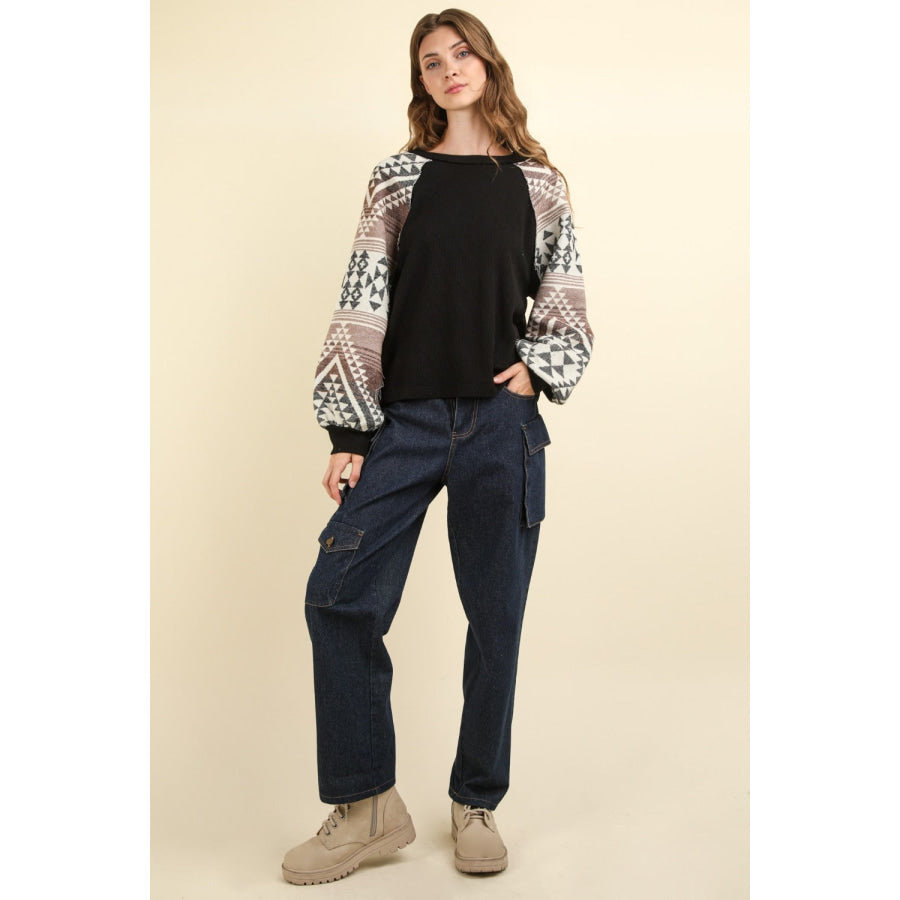 VERY J Printed Long Sleeve Round Neck Knit Top Apparel and Accessories