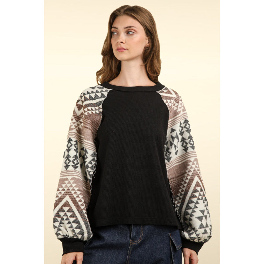 VERY J Printed Long Sleeve Round Neck Knit Top Black / S Apparel and Accessories