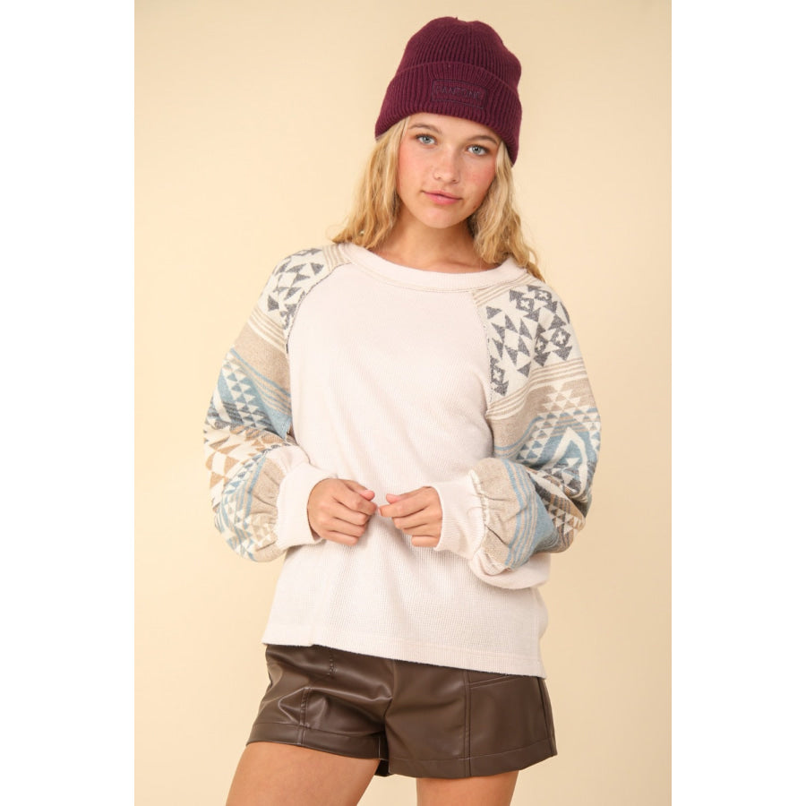 VERY J Printed Long Sleeve Round Neck Knit Top Cream / S Apparel and Accessories