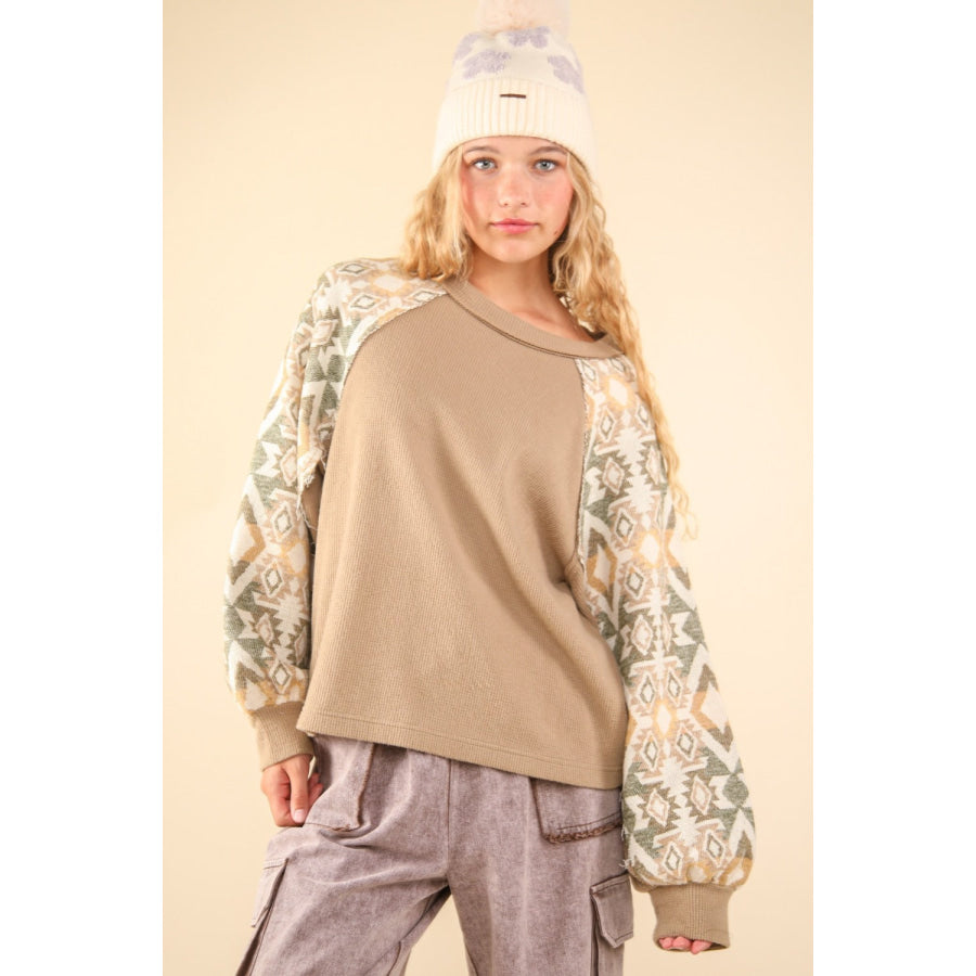 VERY J Printed Long Sleeve Round Neck Knit Top Taupe / S Apparel and Accessories