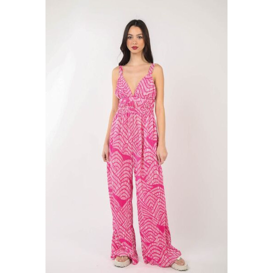 VERY J Printed Pleated Sleeveless Wide Leg Jumpsuit Apparel and Accessories