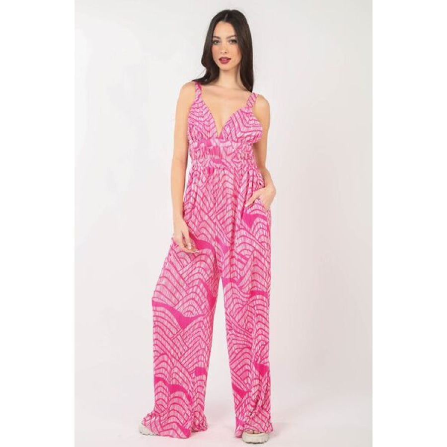 VERY J Printed Pleated Sleeveless Wide Leg Jumpsuit HOTPINK / S Apparel and Accessories