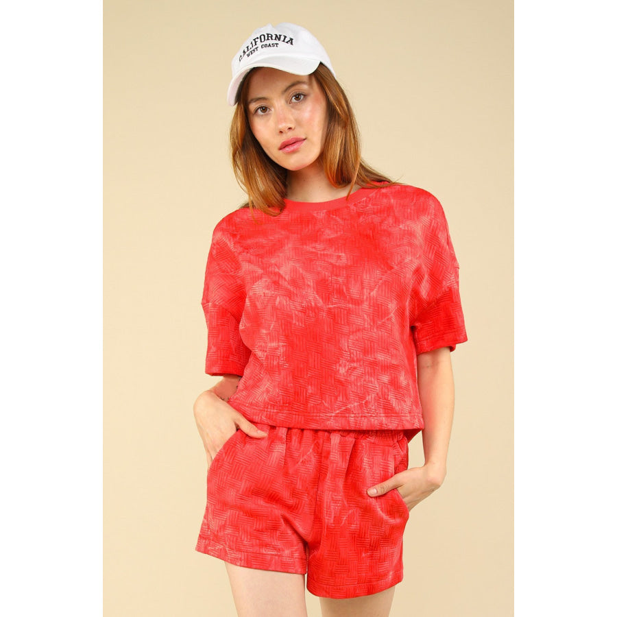 VERY J Quilted Washed Crop Top and Shorts Set Scarlet / S Apparel and Accessories