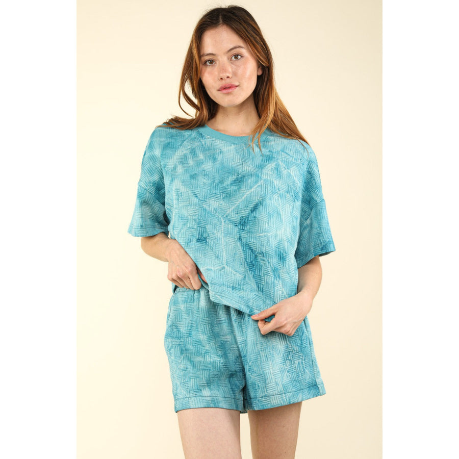 VERY J Quilted Washed Crop Top and Shorts Set Teal / S Apparel and Accessories