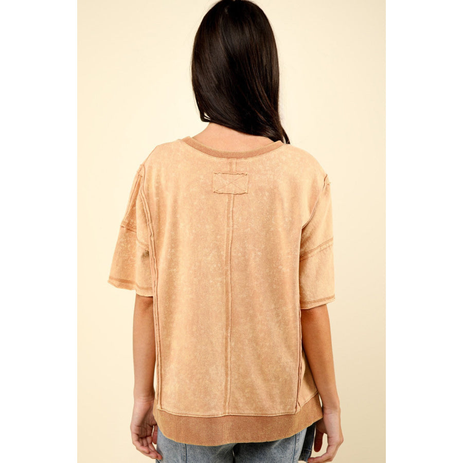 VERY J Round Neck Exposed Seam Slit T-Shirt Apparel and Accessories