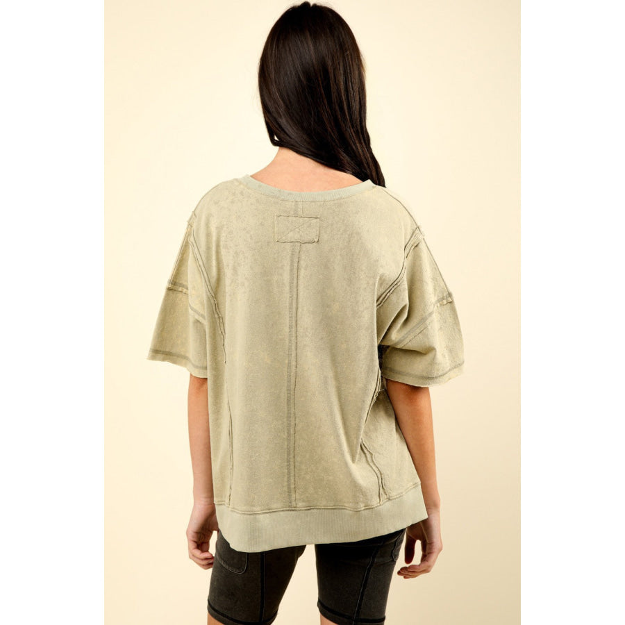 VERY J Round Neck Exposed Seam Slit T-Shirt Sage / S Apparel and Accessories
