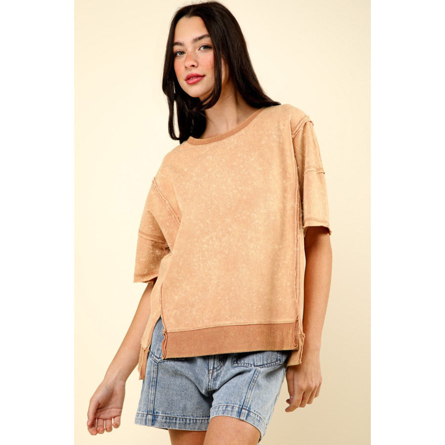 VERY J Round Neck Exposed Seam Slit T-Shirt Mocha / S Apparel and Accessories