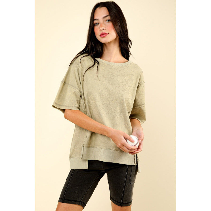 VERY J Round Neck Exposed Seam Slit T-Shirt Sage / S Apparel and Accessories