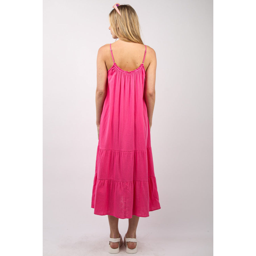 VERY J Ruffled A-Line Midi Cami Dress Fuchsia / S Apparel and Accessories