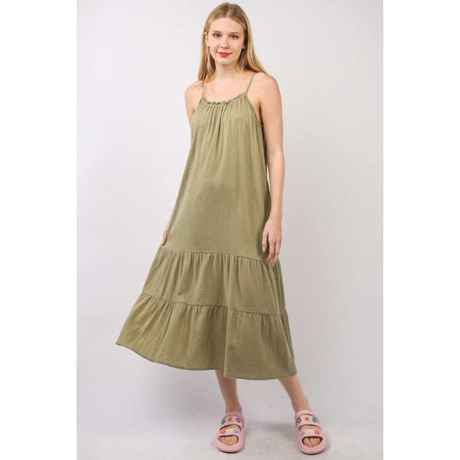 VERY J Ruffled A-Line Midi Cami Dress Earth / S Apparel and Accessories