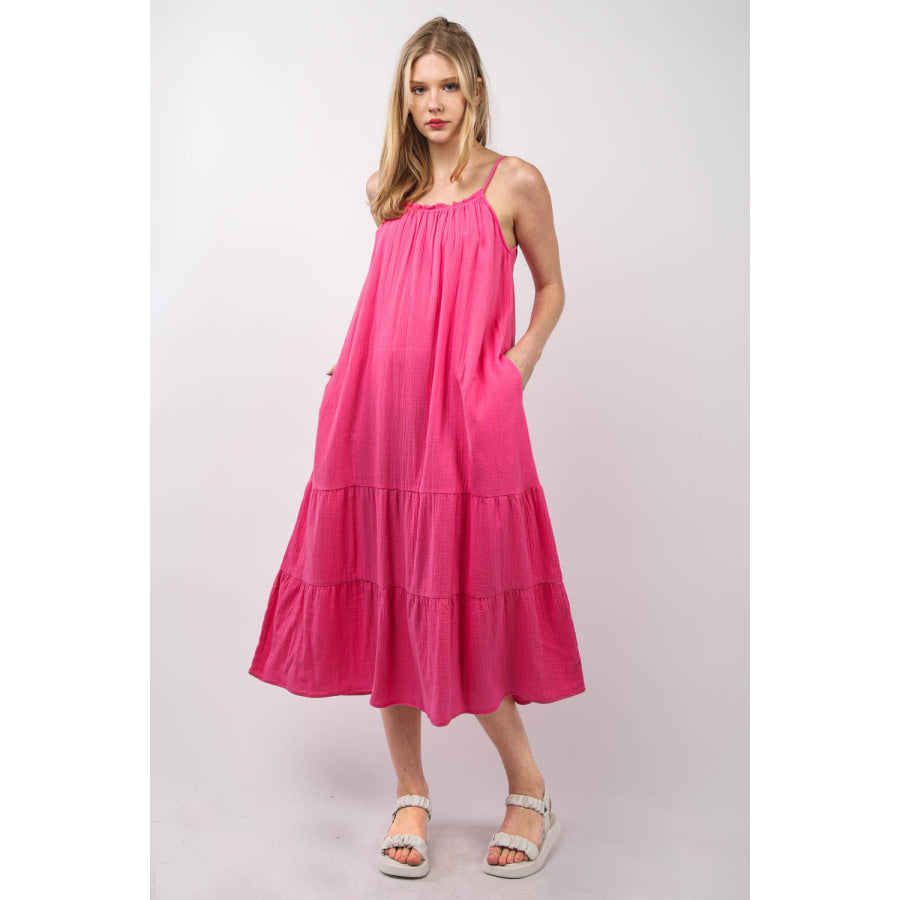 VERY J Ruffled A-Line Midi Cami Dress Fuchsia / S Apparel and Accessories