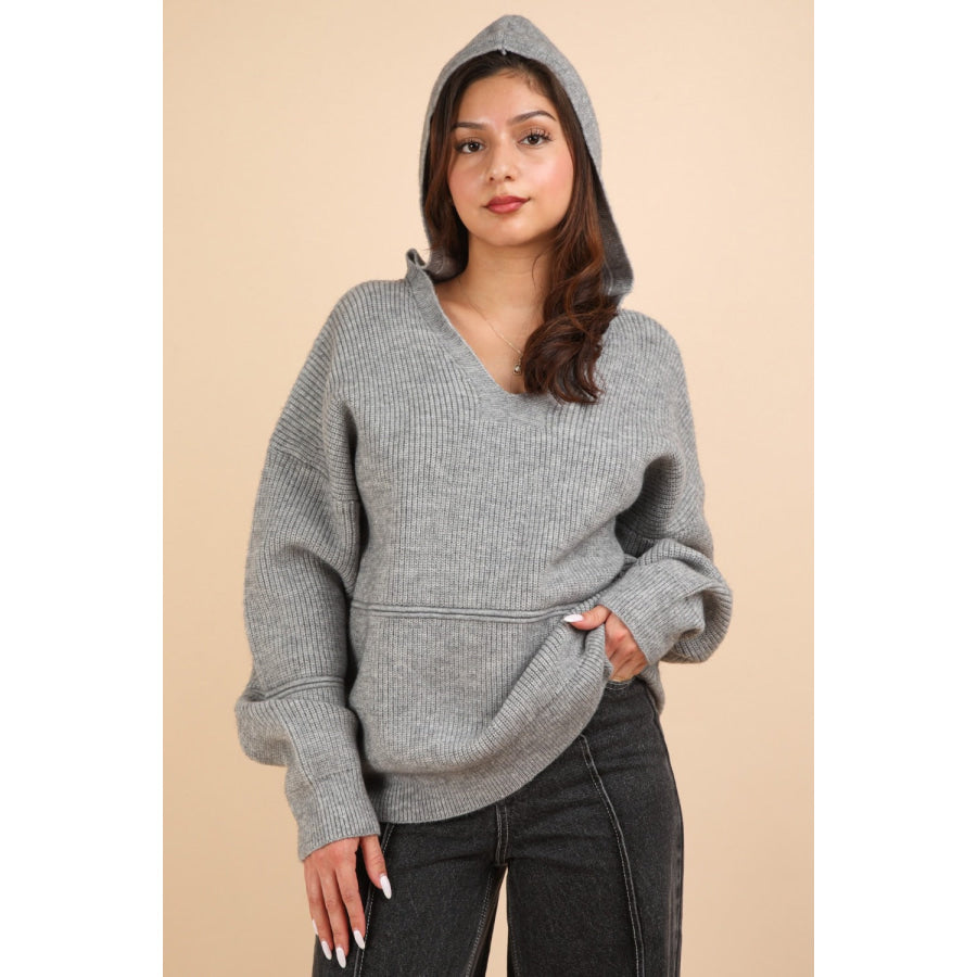 VERY J Seam Detail Drop Shoulder Hooded Sweater Grey / S Apparel and Accessories