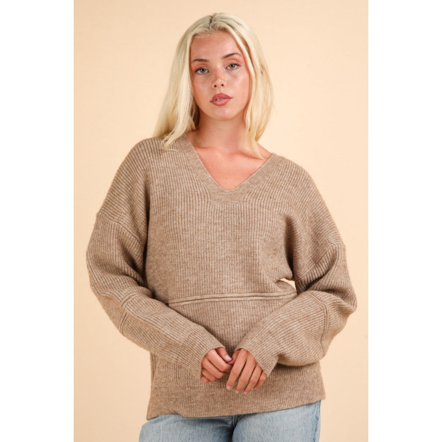 VERY J Seam Detail Drop Shoulder Hooded Sweater Mocha / S Apparel and Accessories