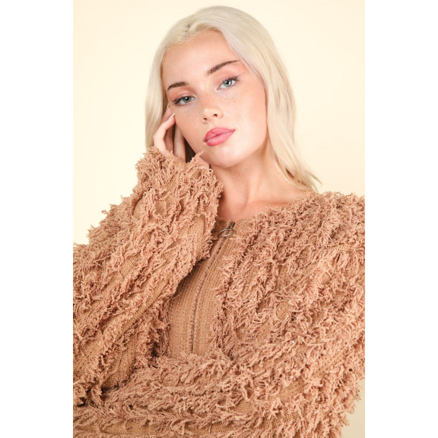 VERY J Shaggy Yarn Knit Zip Up Jacket Apparel and Accessories