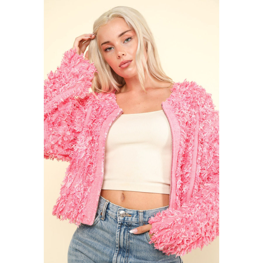 VERY J Shaggy Yarn Knit Zip Up Jacket Apparel and Accessories