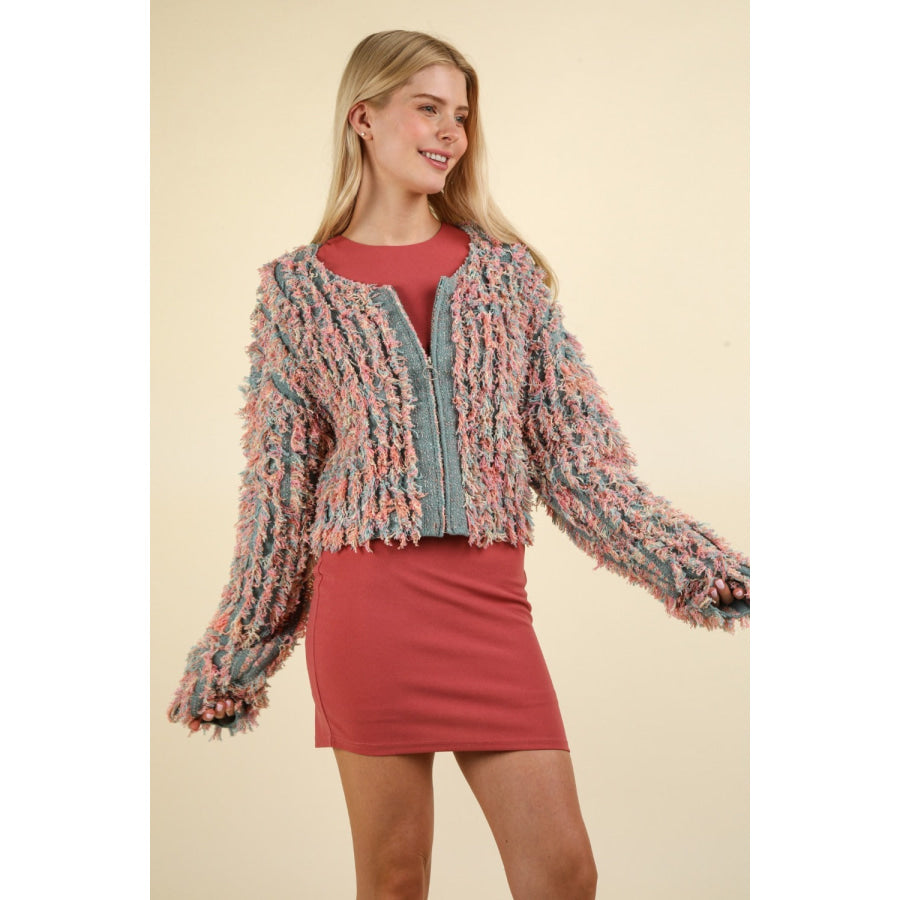 VERY J Shaggy Yarn Knit Zip Up Jacket Apparel and Accessories