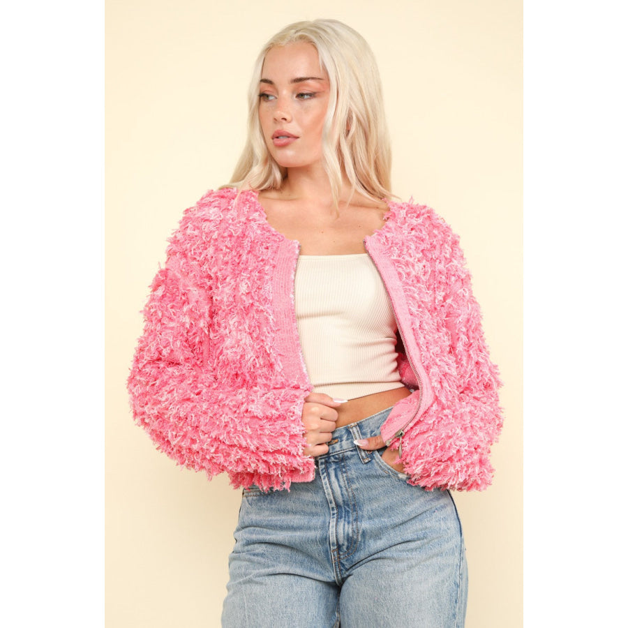 VERY J Shaggy Yarn Knit Zip Up Jacket Apparel and Accessories