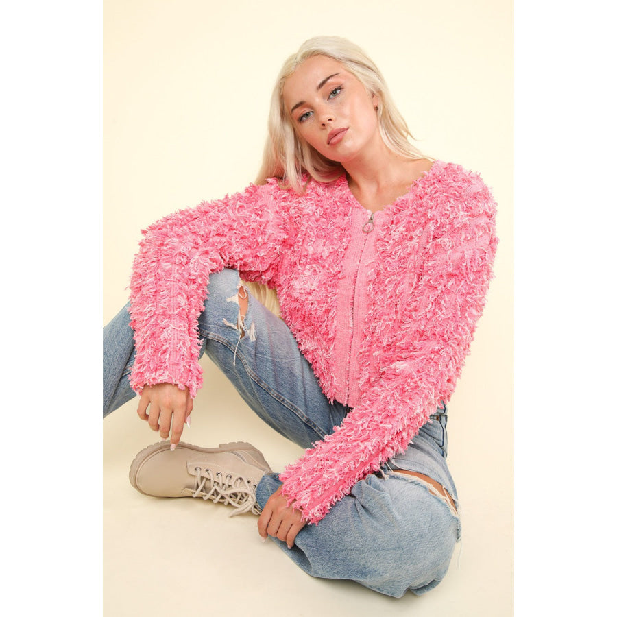 VERY J Shaggy Yarn Knit Zip Up Jacket Pink Multi / S Apparel and Accessories