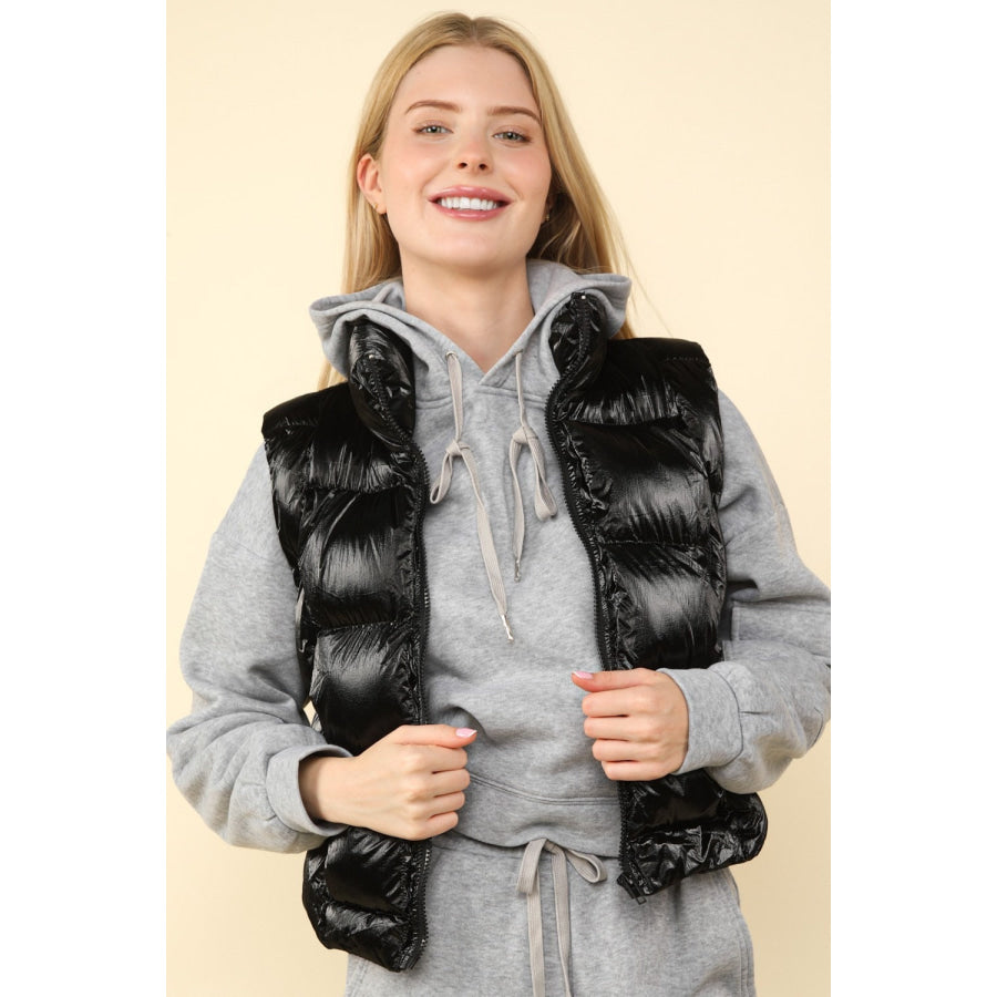 VERY J Shiny Metallic Zip Up Puffer Vest Apparel and Accessories