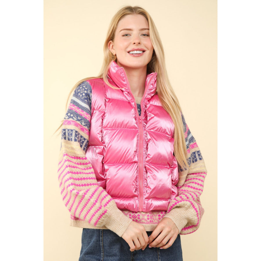 VERY J Shiny Metallic Zip Up Puffer Vest Apparel and Accessories