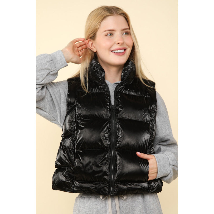 VERY J Shiny Metallic Zip Up Puffer Vest Black / S Apparel and Accessories