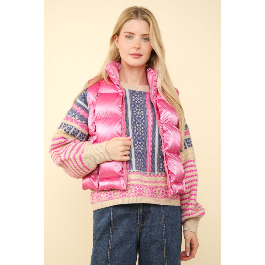 VERY J Shiny Metallic Zip Up Puffer Vest Pink / S Apparel and Accessories