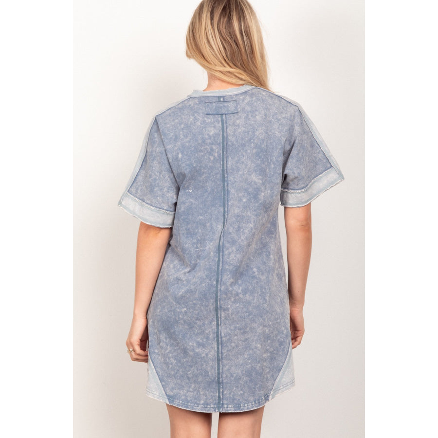 VERY J Short Sleeve V - Neck Tee Dress Denim / S Apparel and Accessories
