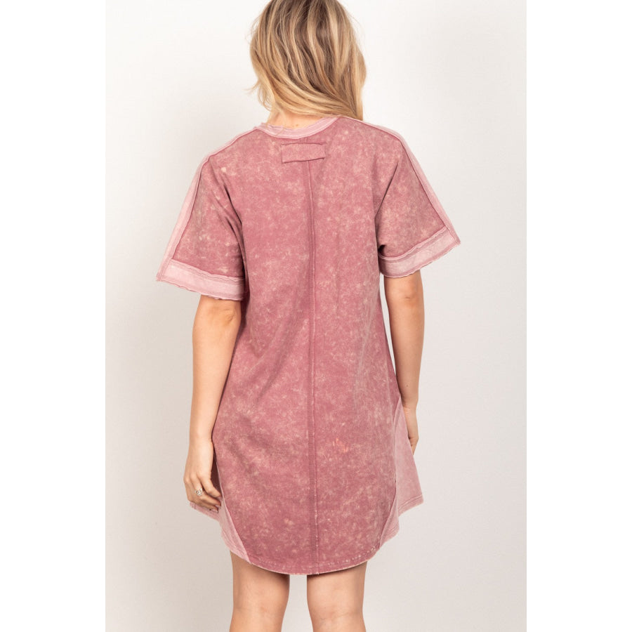 VERY J Short Sleeve V - Neck Tee Dress Mauve / S Apparel and Accessories