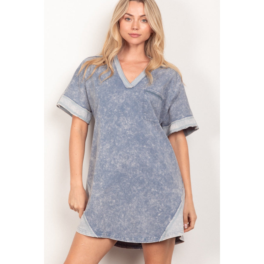 VERY J Short Sleeve V - Neck Tee Dress Denim / S Apparel and Accessories