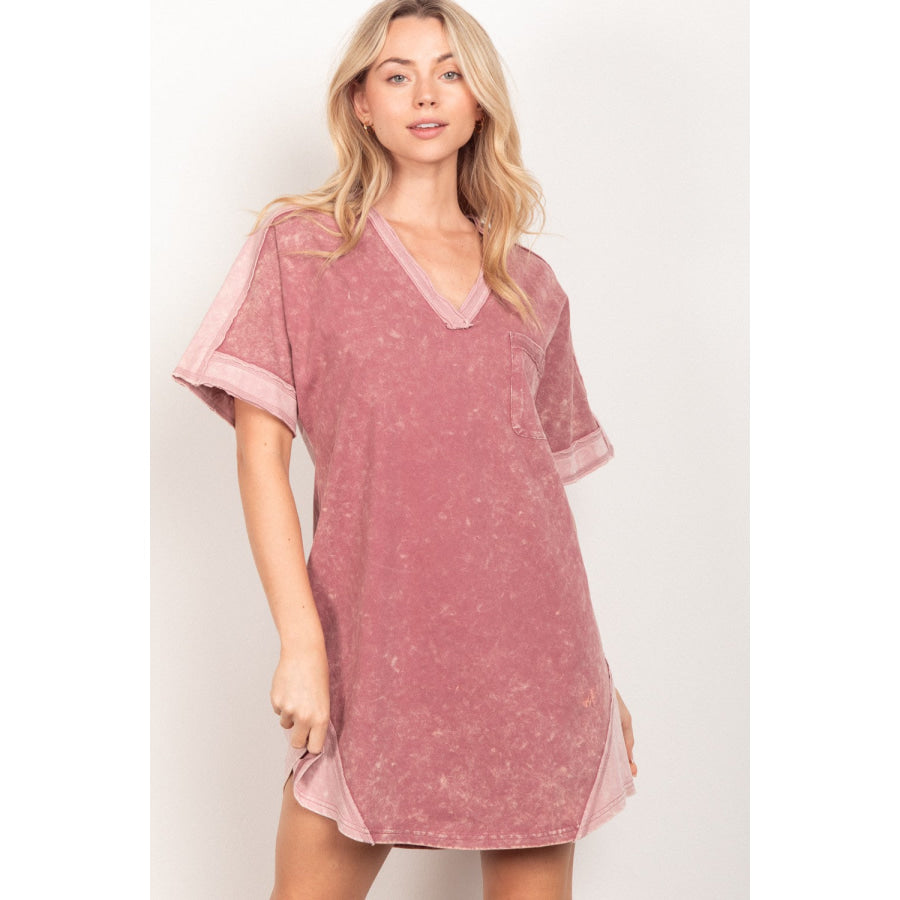 VERY J Short Sleeve V - Neck Tee Dress Mauve / S Apparel and Accessories