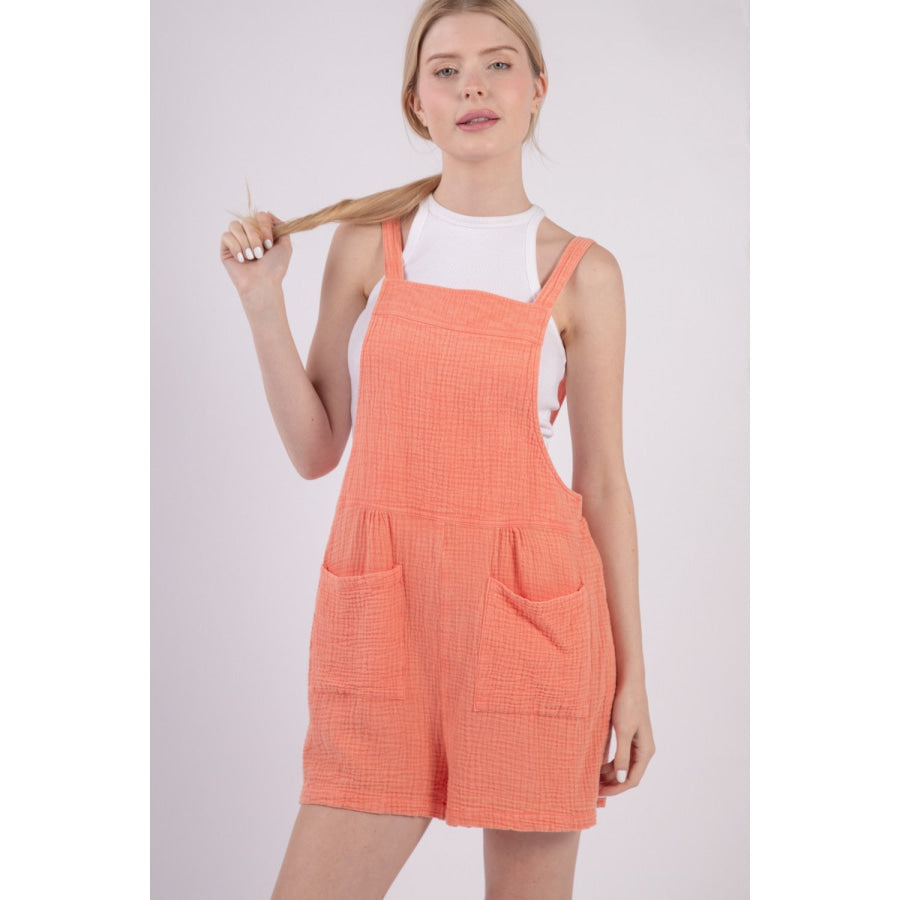 VERY J Sleeveless Double Gauze Overalls with Pockets Burnt Orange / S Apparel and Accessories