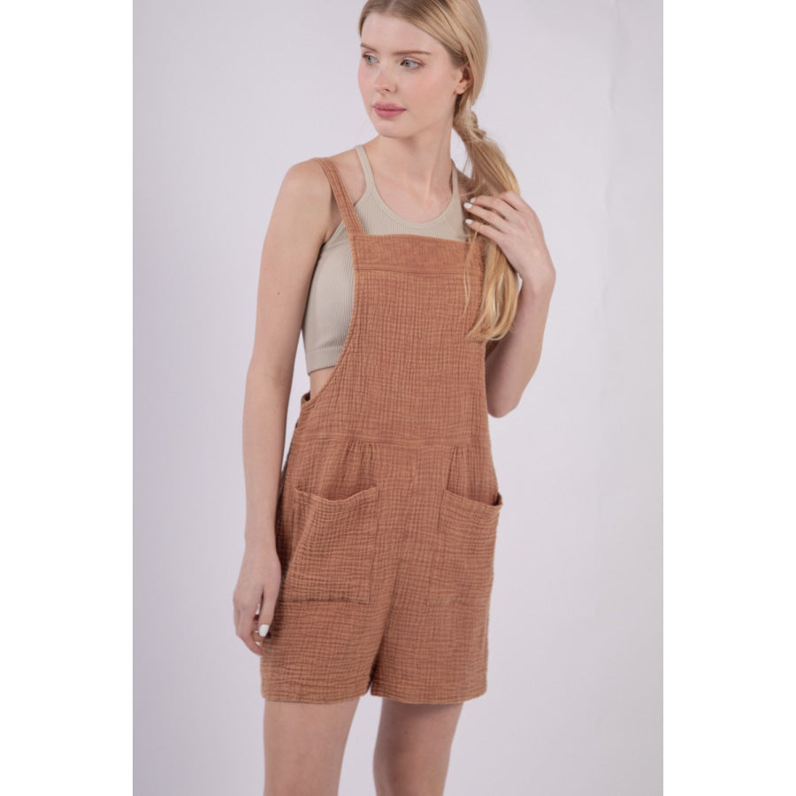 VERY J Sleeveless Double Gauze Overalls with Pockets Mocha / S Apparel and Accessories