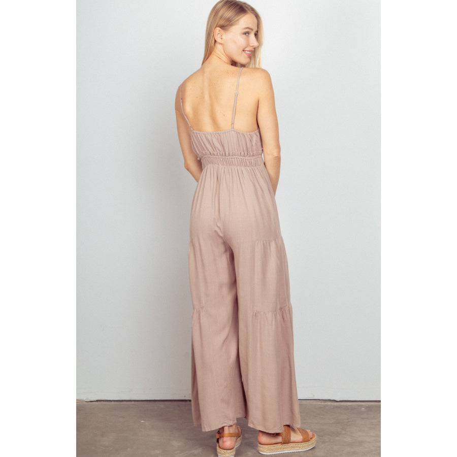 VERY J Sleeveless Ruched Wide Leg Jumpsuit Apparel and Accessories