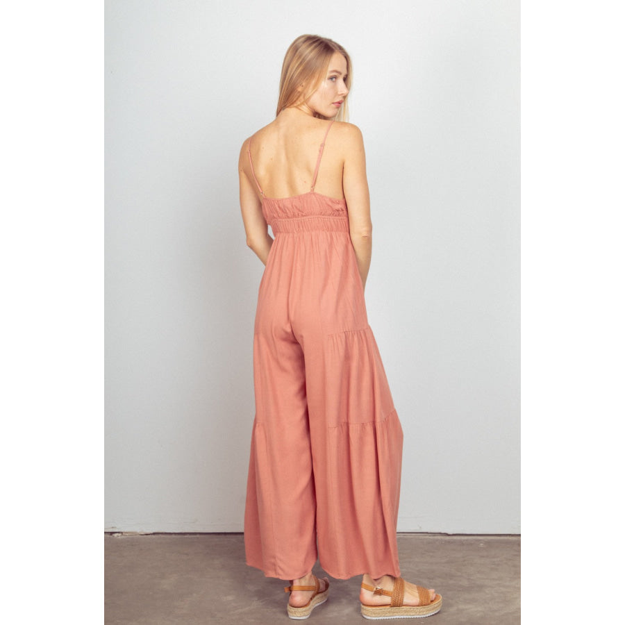 VERY J Sleeveless Ruched Wide Leg Jumpsuit Apparel and Accessories