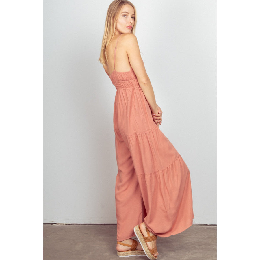 VERY J Sleeveless Ruched Wide Leg Jumpsuit Apparel and Accessories