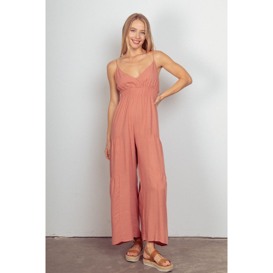 VERY J Sleeveless Ruched Wide Leg Jumpsuit Blush / S Apparel and Accessories