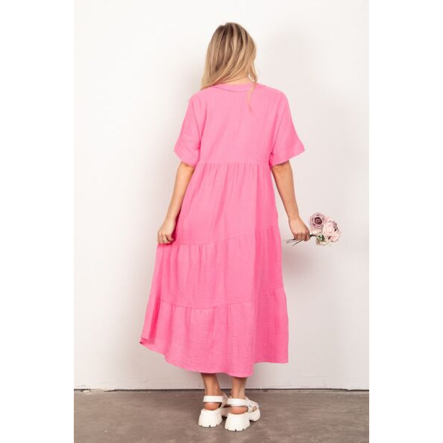 VERY J Soft Crinkle Gauze Short Sleeve Midi Dress PINK / S Apparel and Accessories