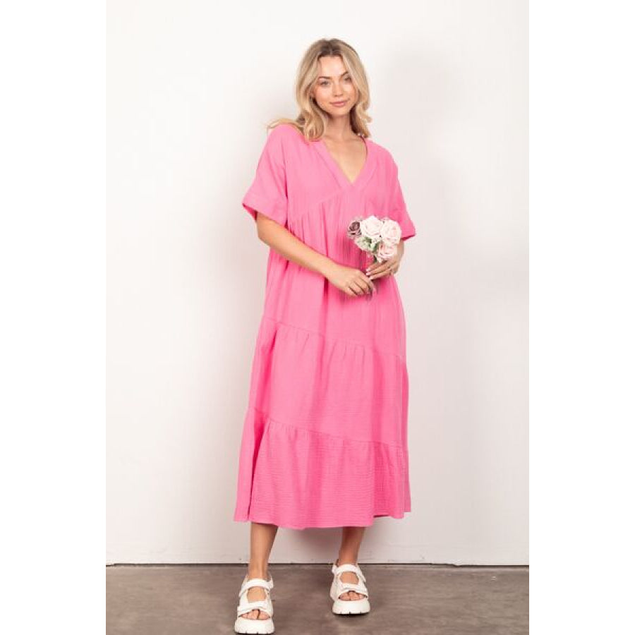 VERY J Soft Crinkle Gauze Short Sleeve Midi Dress PINK / S Apparel and Accessories
