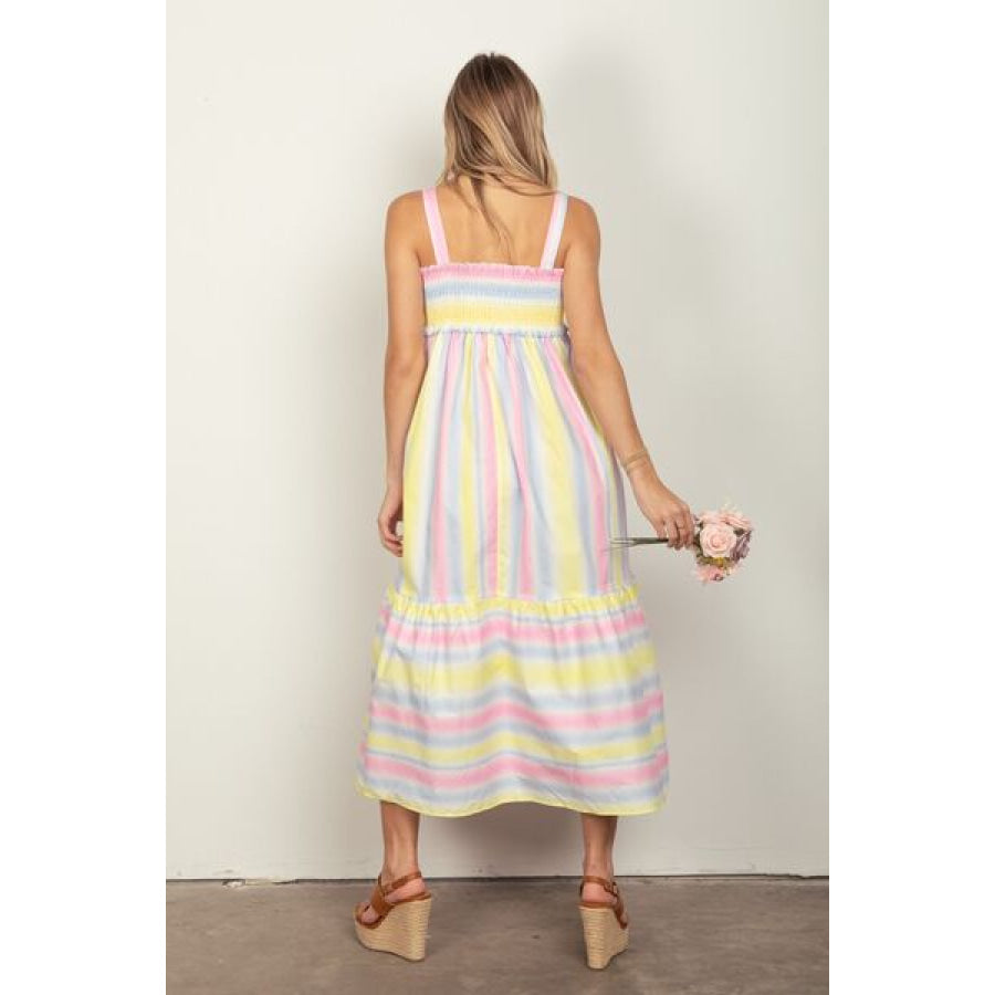 VERY J Striped Woven Smocked Midi Cami Dress PINKCOMBO / S Apparel and Accessories