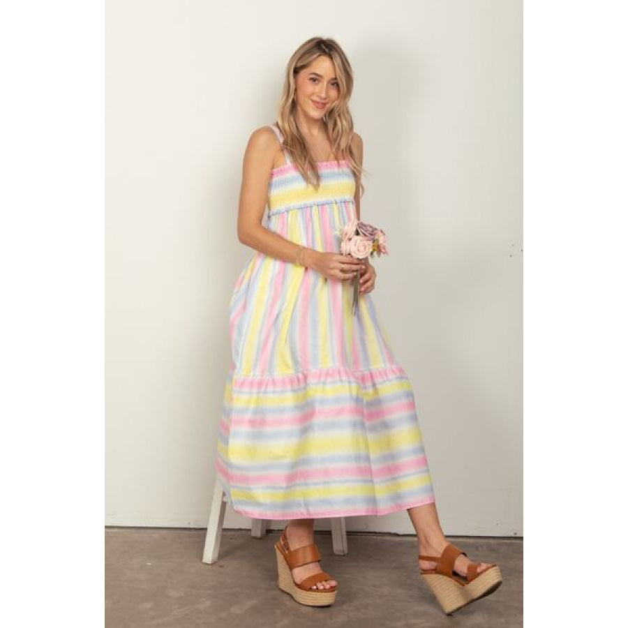 VERY J Striped Woven Smocked Midi Cami Dress Apparel and Accessories