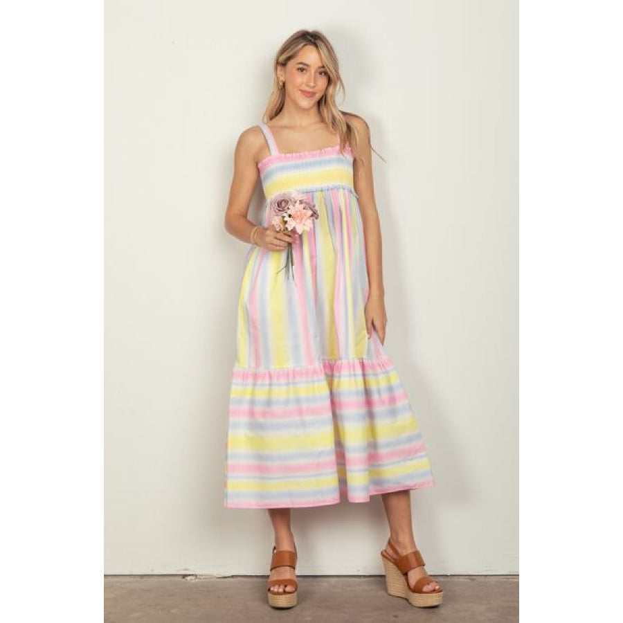 VERY J Striped Woven Smocked Midi Cami Dress PINKCOMBO / S Apparel and Accessories