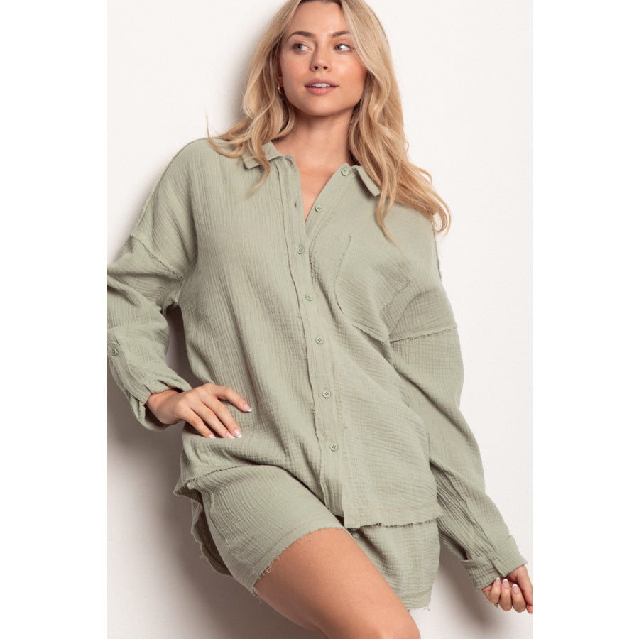 VERY J Texture Button Up Shirt and Shorts Set Apparel Accessories