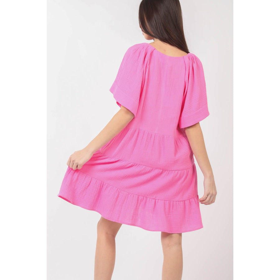 VERY J Texture V - Neck Ruffled Tiered Dress Pink / S Apparel and Accessories
