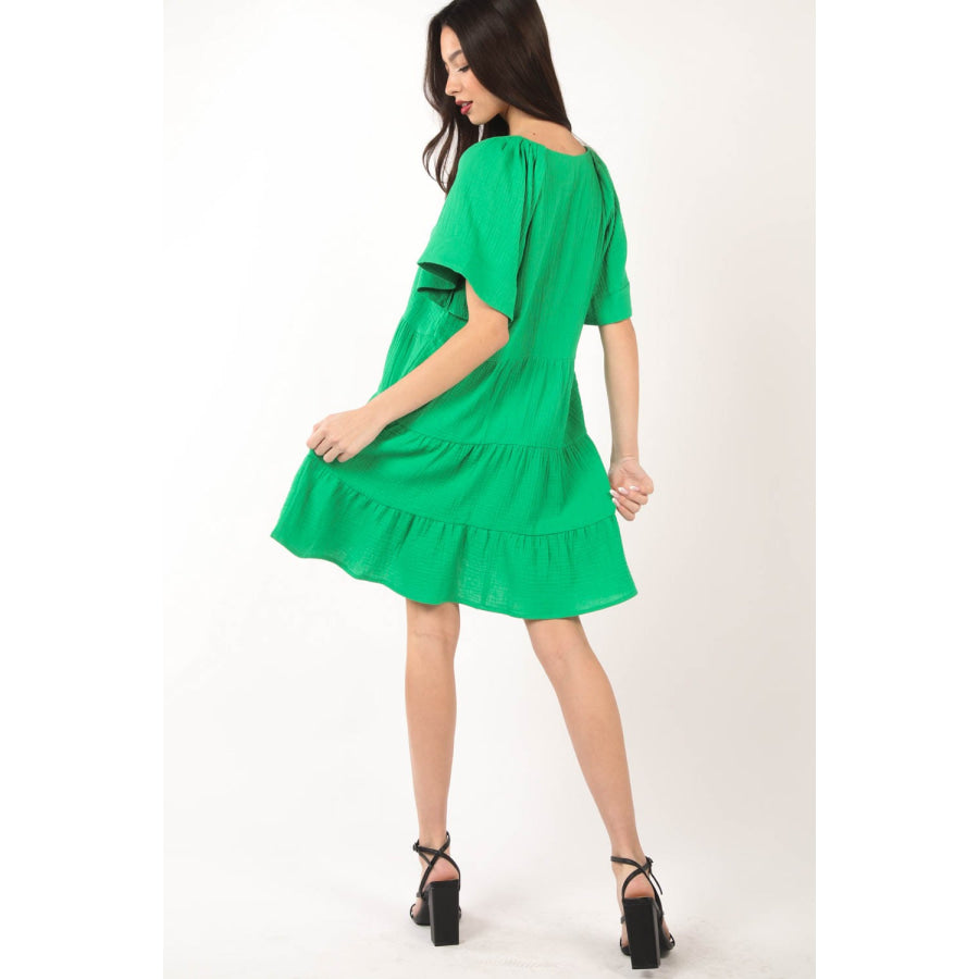 VERY J Texture V - Neck Ruffled Tiered Dress Green / S Apparel and Accessories