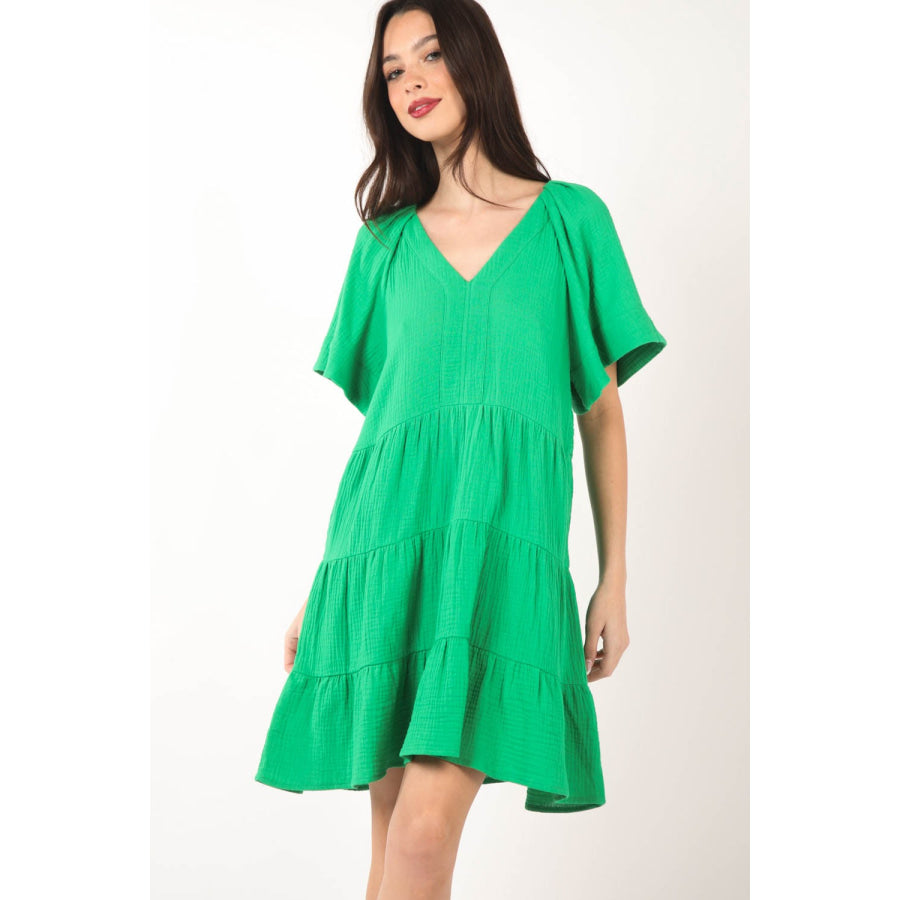 VERY J Texture V - Neck Ruffled Tiered Dress Green / S Apparel and Accessories