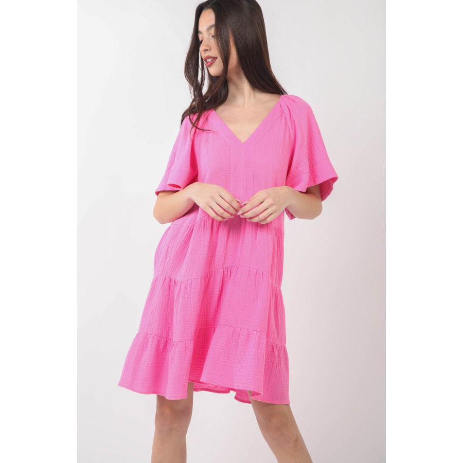 VERY J Texture V - Neck Ruffled Tiered Dress Pink / S Apparel and Accessories