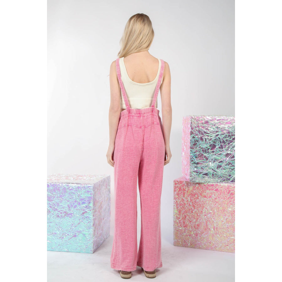VERY J Texture Washed Wide Leg Overalls Hot Pink / S Apparel and Accessories