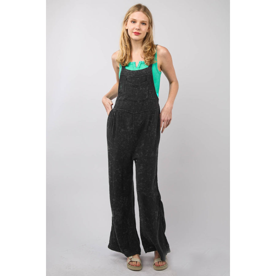 VERY J Texture Washed Wide Leg Overalls Black / S Apparel and Accessories