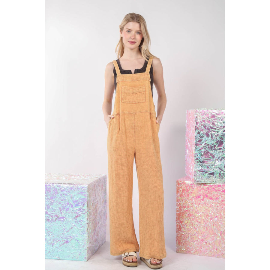 VERY J Texture Washed Wide Leg Overalls Orange / S Apparel and Accessories